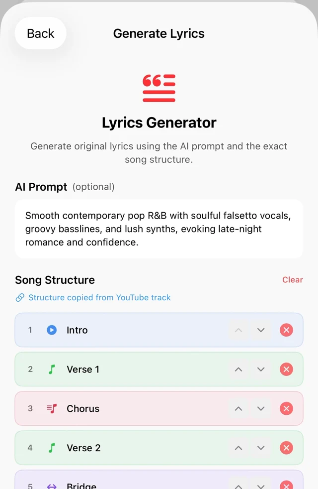 Prompt Maschine song structure editor with Intro, Verse and Chorus sections